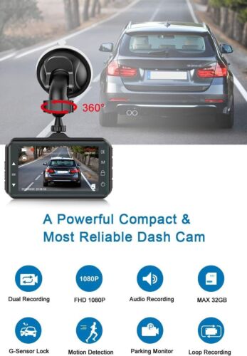 Dual Dash Cam Front Full HD 170°Rear Wide Angle Backup Camera Night Vision WDR