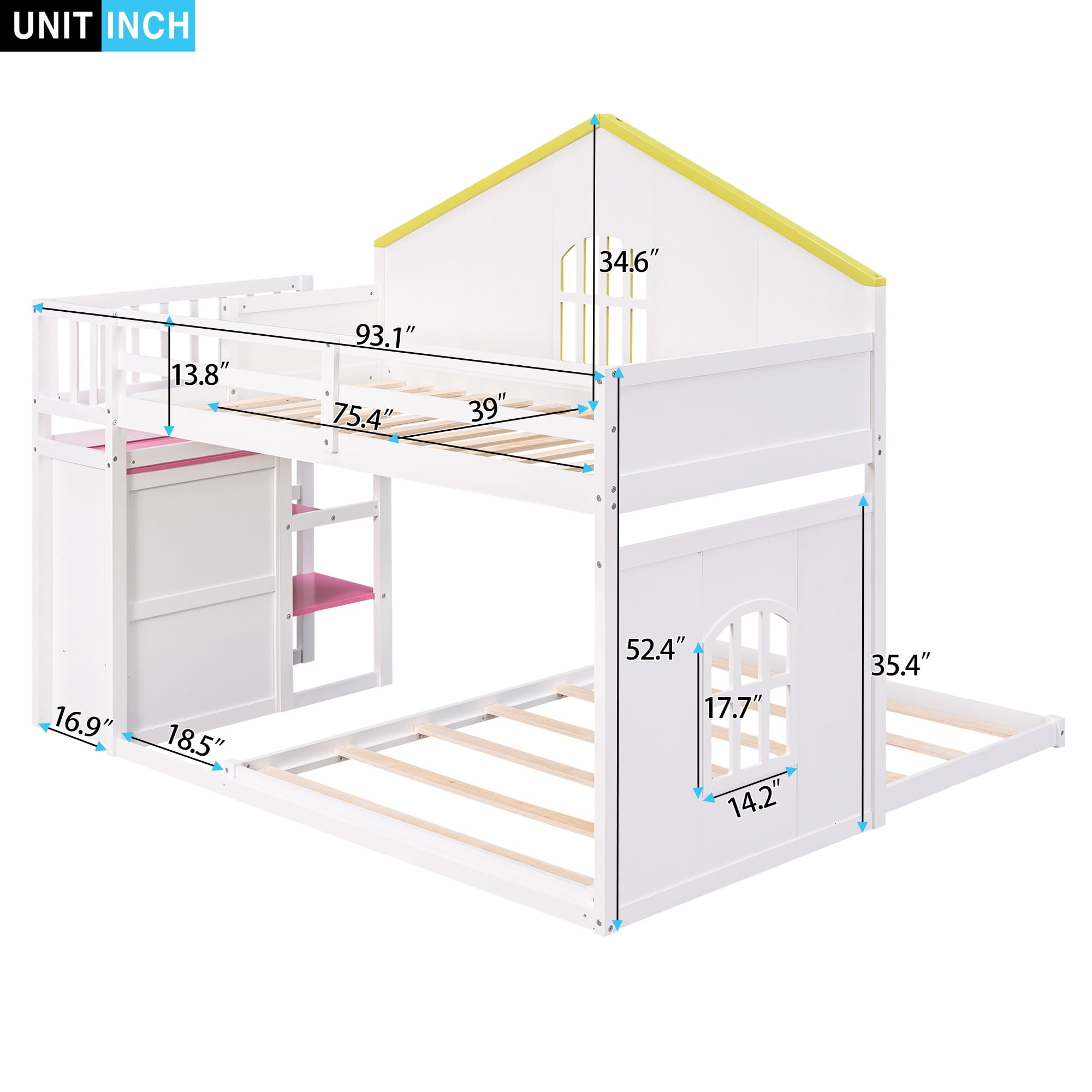 Leadzm Twin over Full House Bunk Bed with Pink Staircase and Drawer, Shelves Under the Staircase, House Shaped Bed with Windows, White