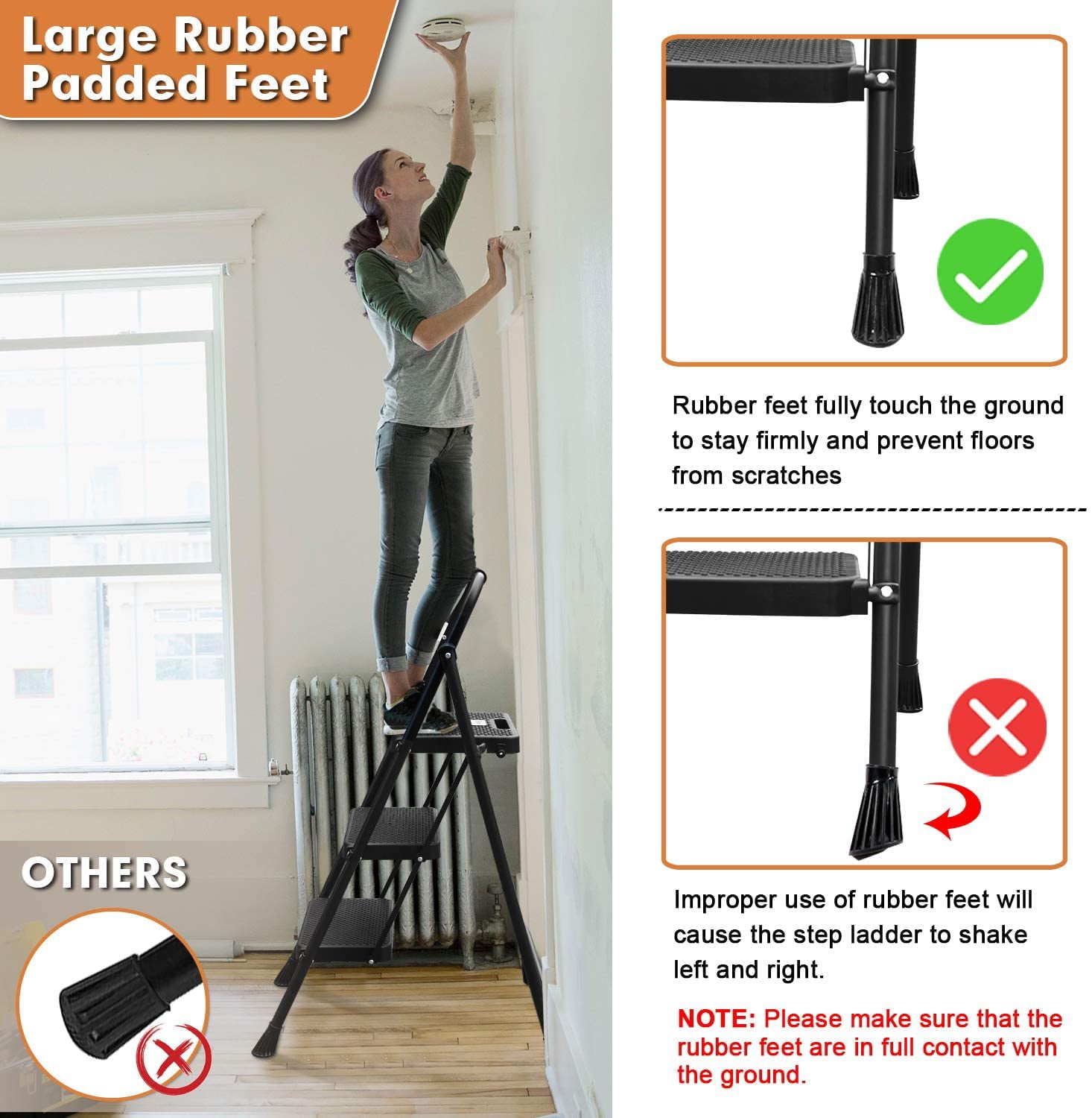 HBTower Folding 3-Step Stool Ladder, 500lbs, with Wide Anti-Slip Pedal and Steel Handgrip, Black