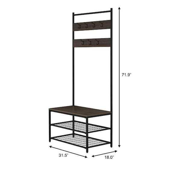 Black Metal and Walnut Wood Seat Hall Tree