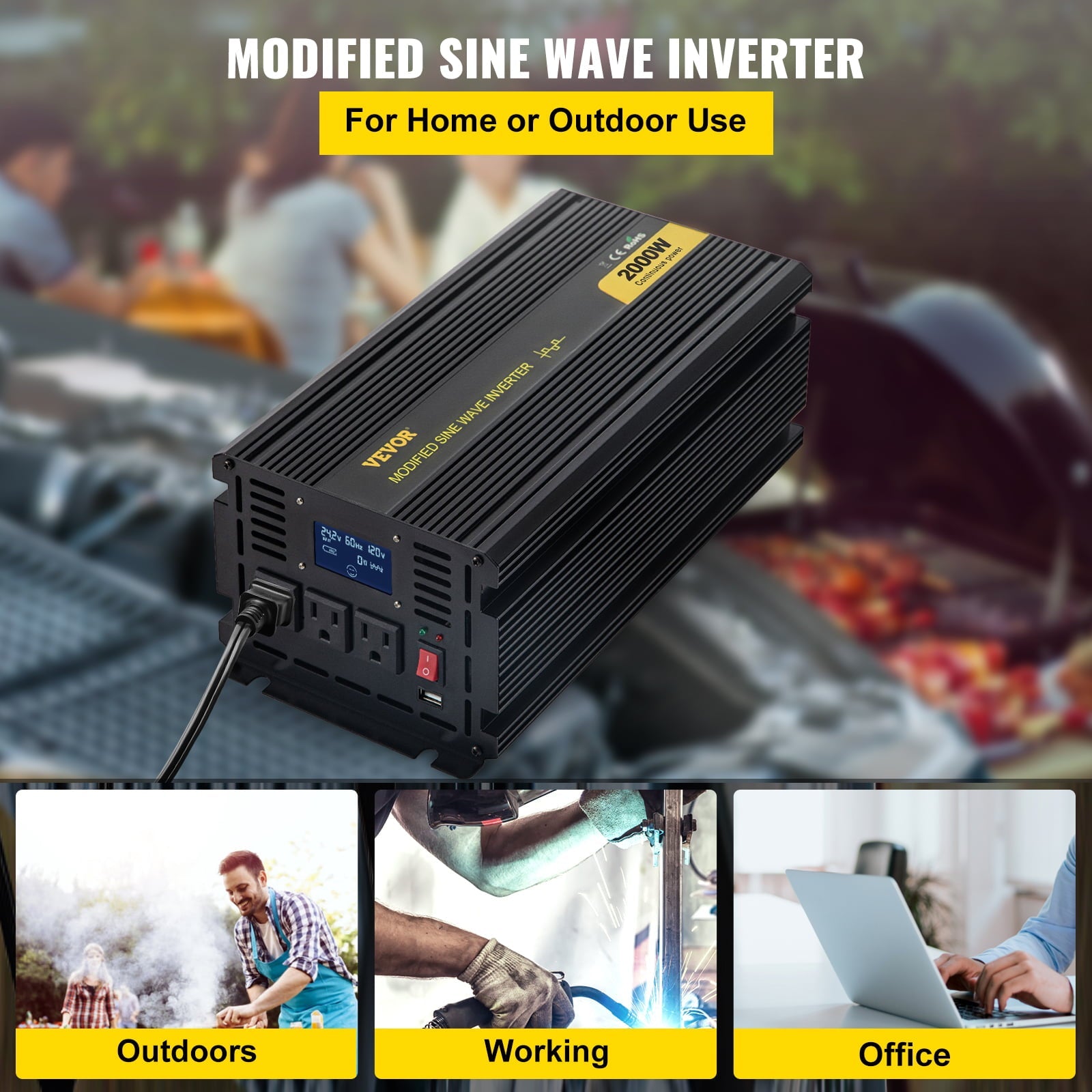 VEVOR Power Inverter 2000W Modified Sine Wave Inverter DC24V to AC120V Car Converter with USB Port LCD Display Remote Controller LED Indicator AC Outlets Inverter for Car RV Truck Boat Travel Camping