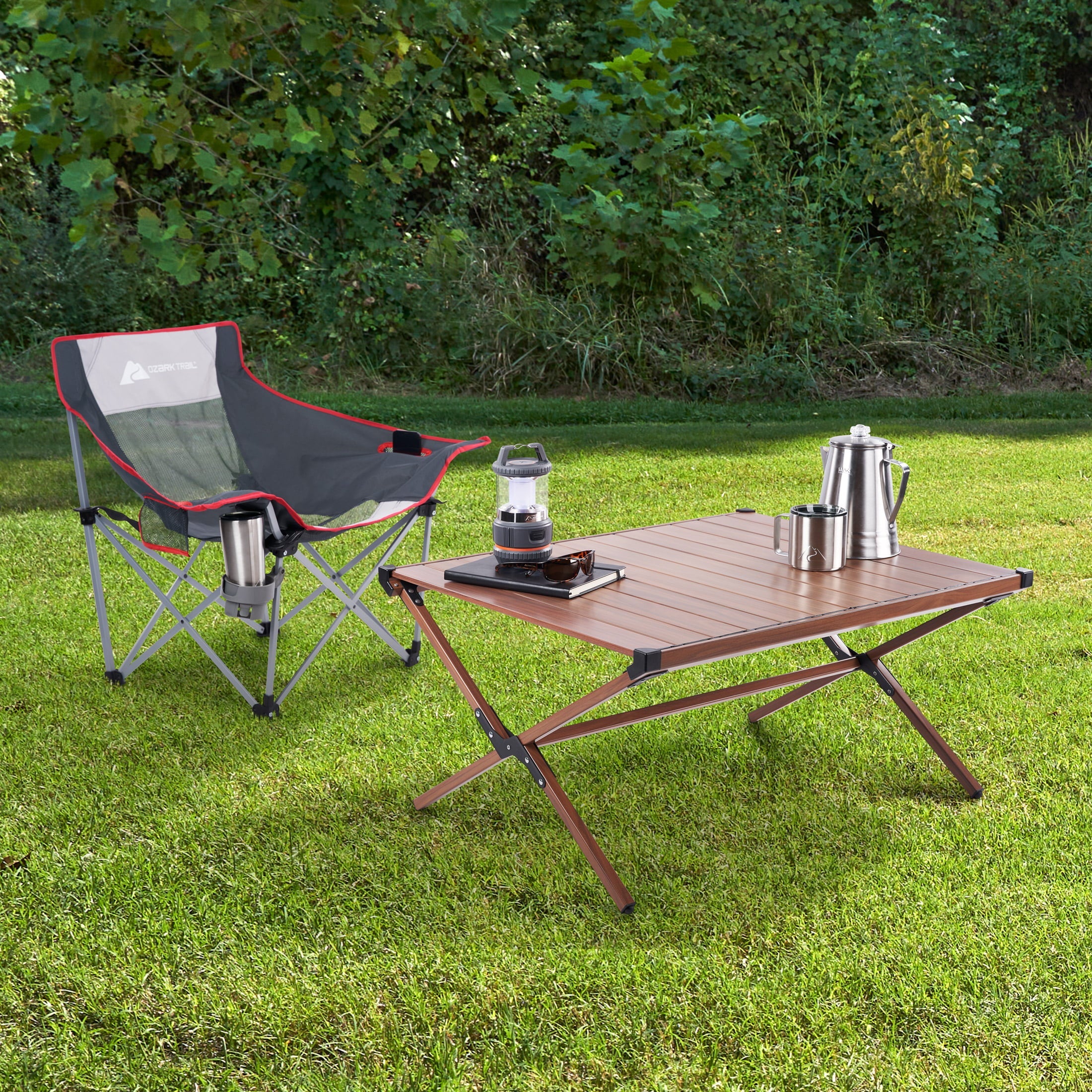 Ozark Trail Aluminum Roll-Top Camping Table, Dark Brown