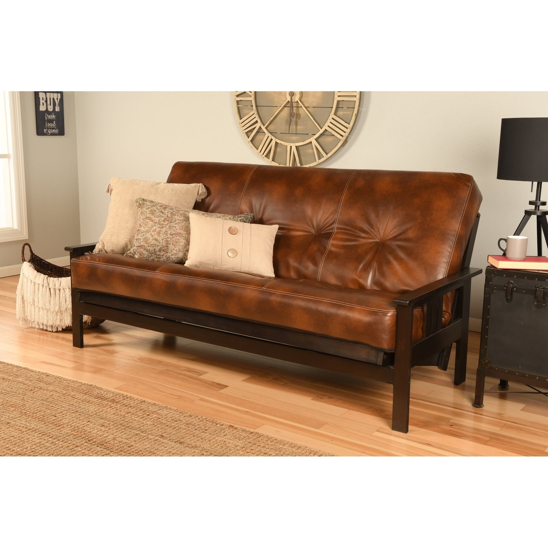 Porch & Den  Zumbro Bonded Leather Espresso Futon Set with Mattress Marmont Mocha Wood, Fabric Solid 8 in