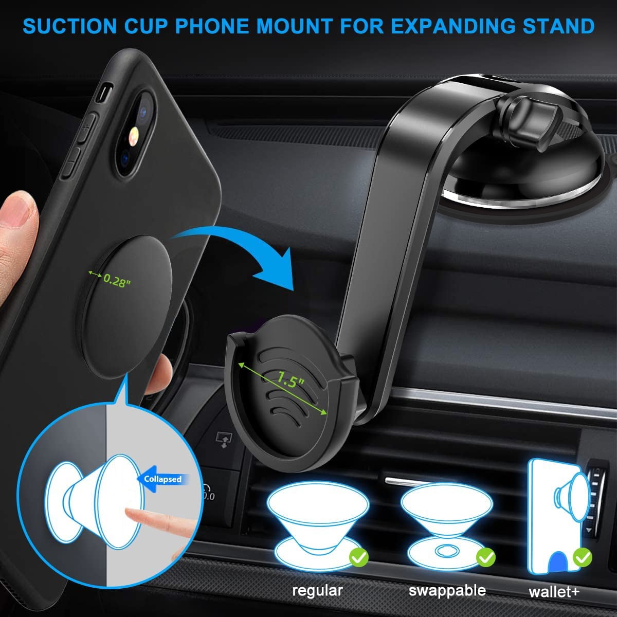 Suction Cup Phone Holder for Socket, pop-tech Dashboard Car Phone Mount for Collapsible Grip & Sticky Adhesive for Expanding Stand Black
