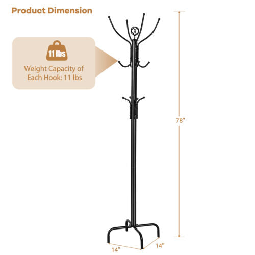 Goplus 78" Metal Coat Rack Freestand Tree Hat Umbrella Holder Hanger Hooks Black