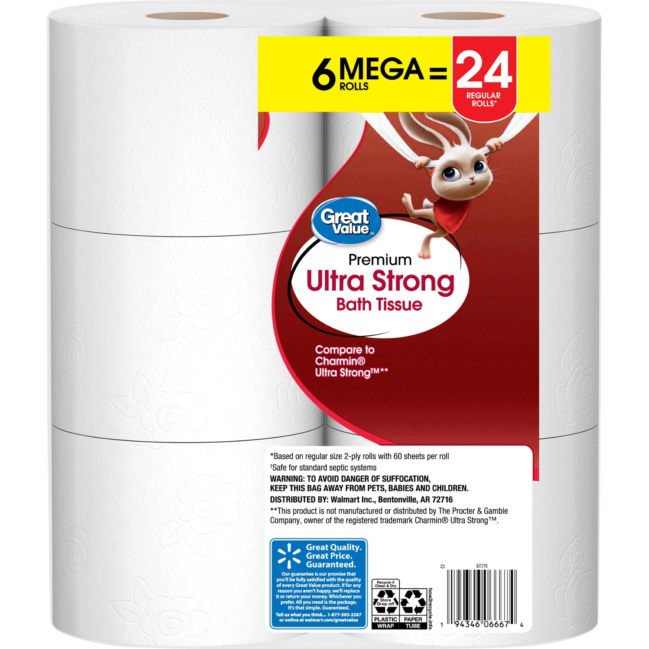 Great Value Ultra Strong Toilet Paper, 6 Mega Rolls