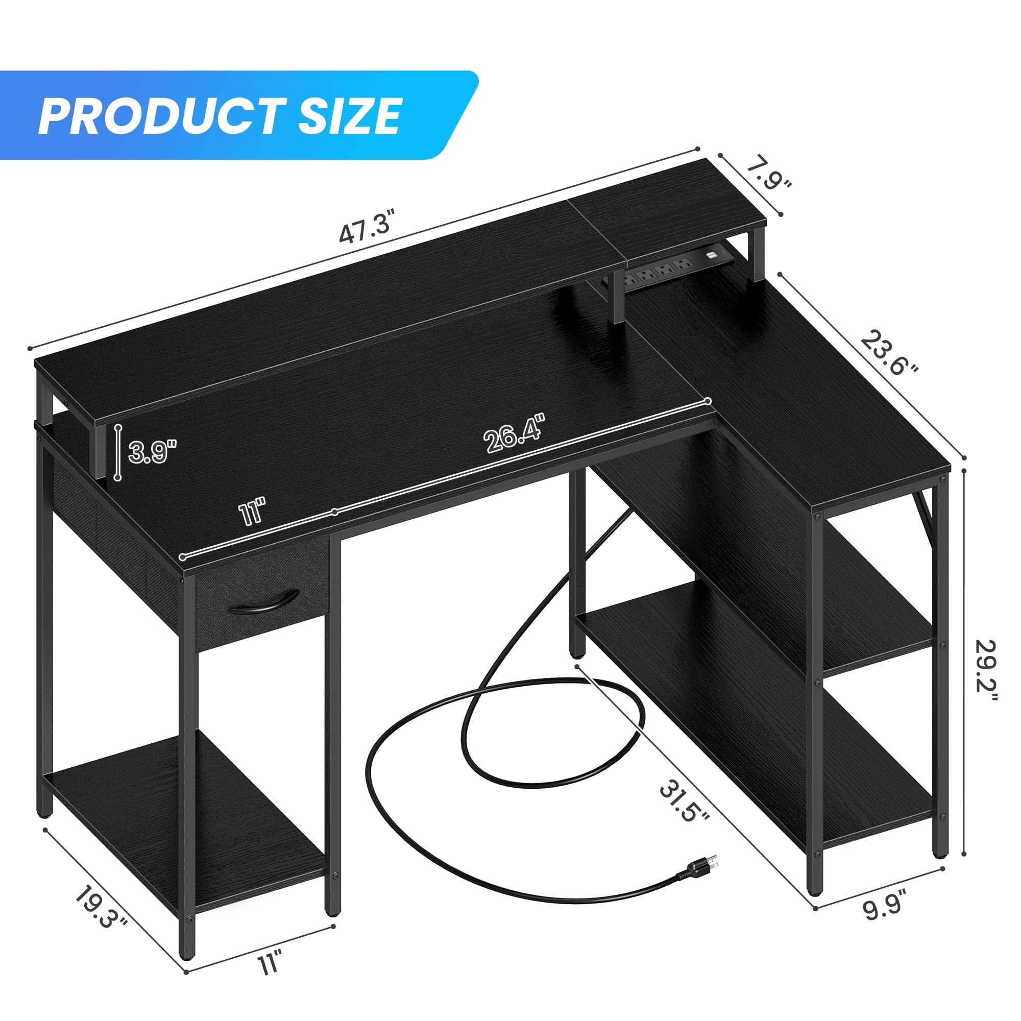 SUPERJARE L-Shaped Computer Desk with LED Lights & Power Outlets, Gaming Desk with Shelves & Drawer, Reversible L Office Desk, Black