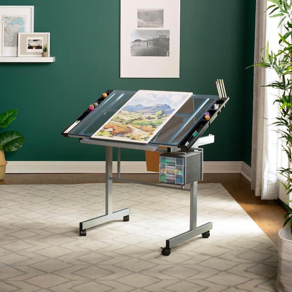 Vision Craft 40.75 in. W Silver and Blue Glass Drawing and Writing Mobile Desk with Supply Storage