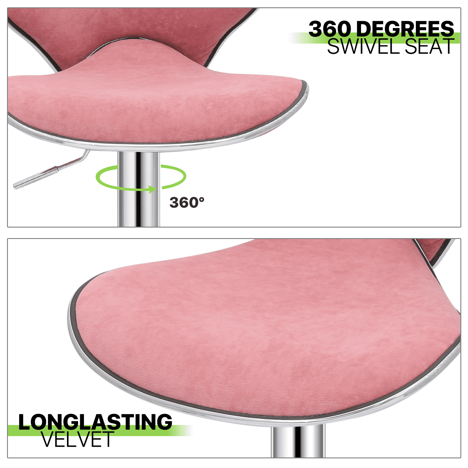 Magshion Velvet Adjustable Counter Height Bar Stools Set of 2, Swivel Kitchen Counter Island Dining Chairs with Curved Back, Pink