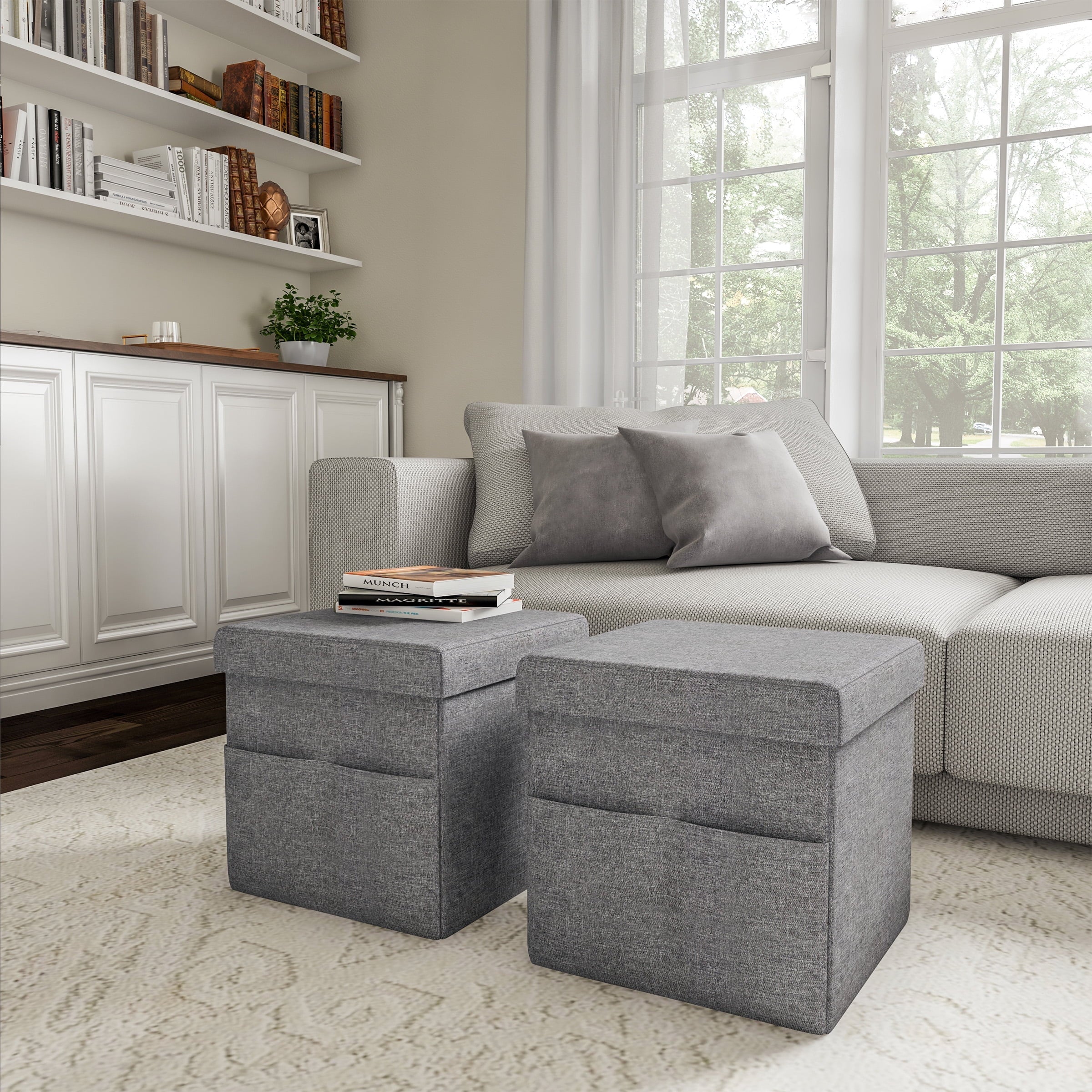 Somerset Home 15-Inch Storage Ottomans with Pockets, Gray, Set of 2