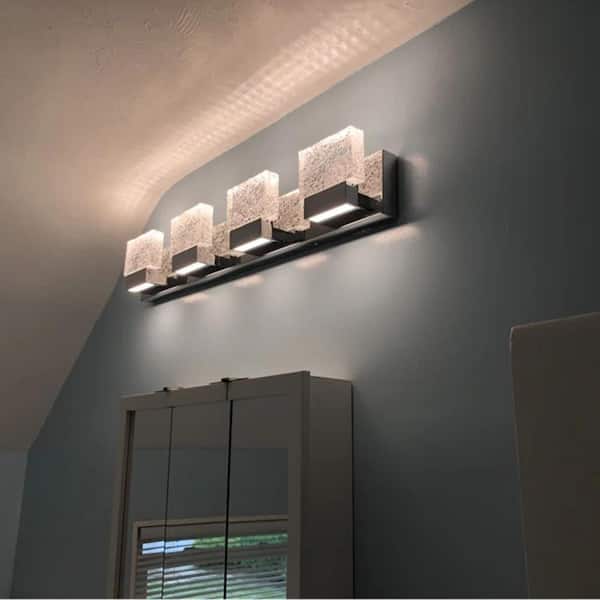 32.25 in. 4-Light Chrome Stainless Steel LED Bathroom Vanity Light with Clear Ice-Like Brick Glass