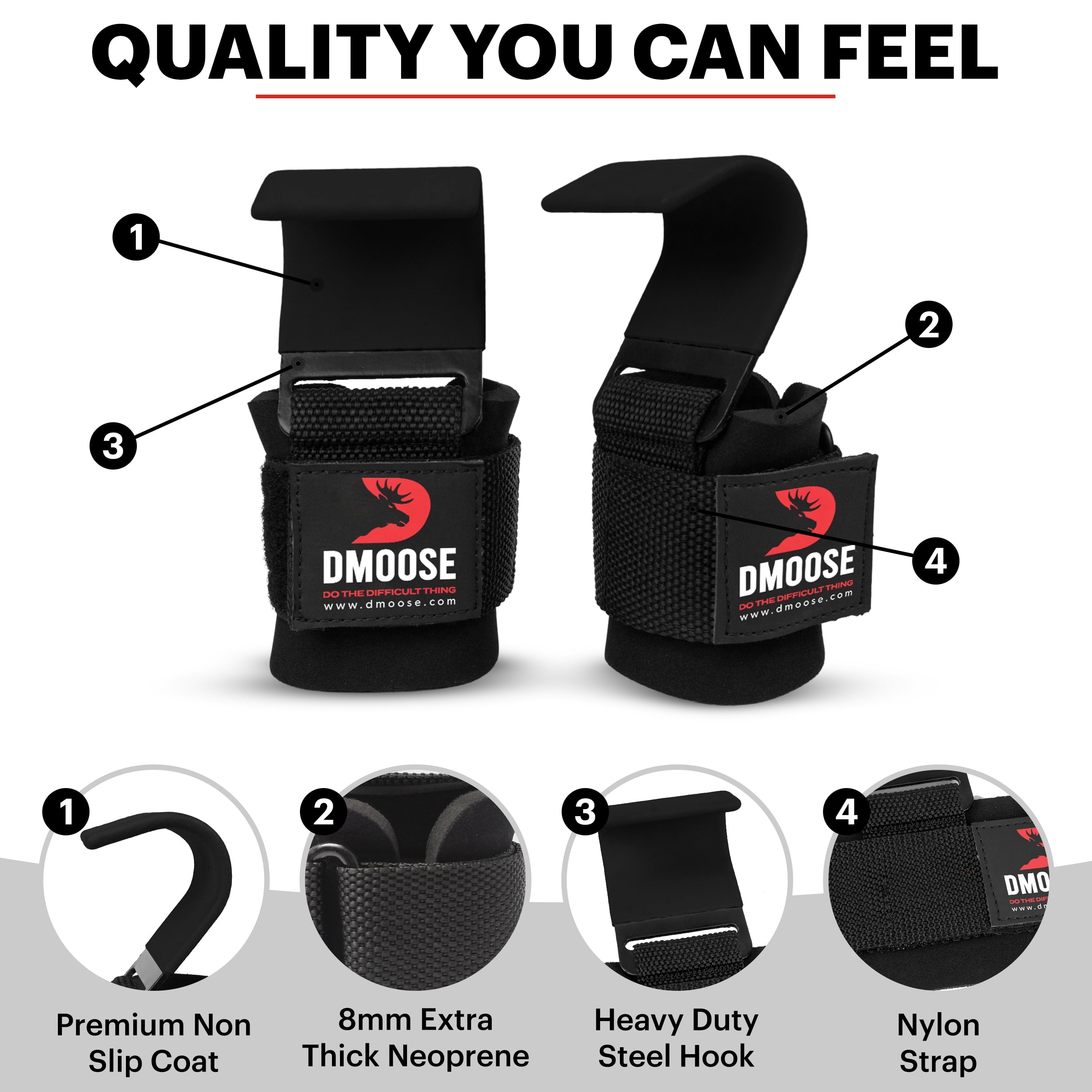 DMoose Fitness 8 mm Thick Padded Neoprene Double Stitching Weight Lifting Hooks Grip, Pair