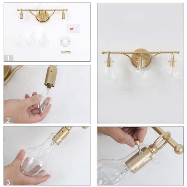 Modern 21 in. 3-Light Brass Gold Bath Vanity Light with Globe Clear Glass Shade Wall Sconce, LED Compatible