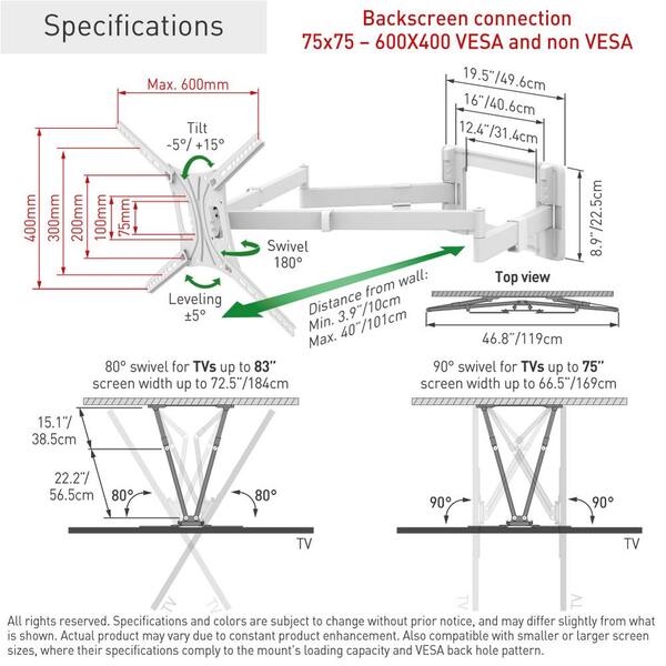 Barkan 13 in. - 80 in. Full Motion - 4 Movement Extra Long Dual Arm Flat/Curved TV Wall Mount White Extremely Extendable