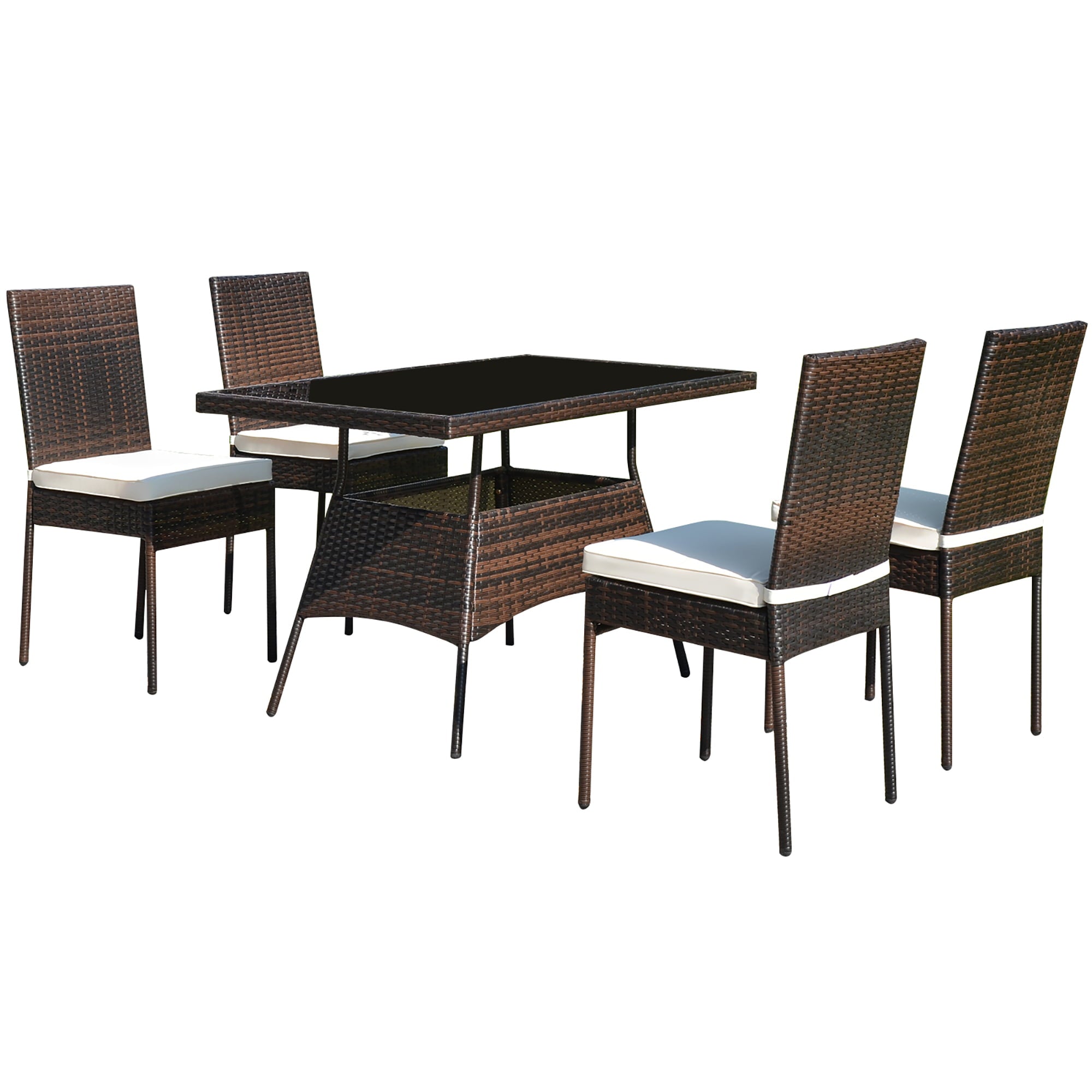 Costway 5 PCS Patio Rattan Dining Set Glass Table High Back Chair Garden Deck Mix Brown