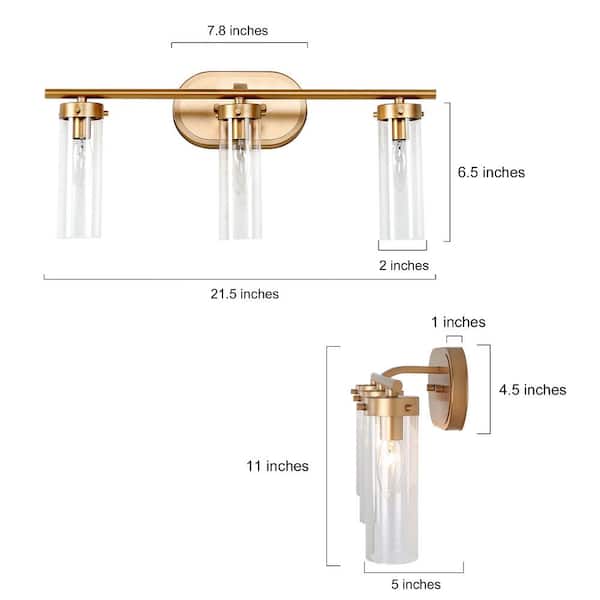 Antique Gold Modern 3-Light Bathroom Vanity Light 21.5 in. Powder Room Wall Light with Cylinder Clear Glass Shades
