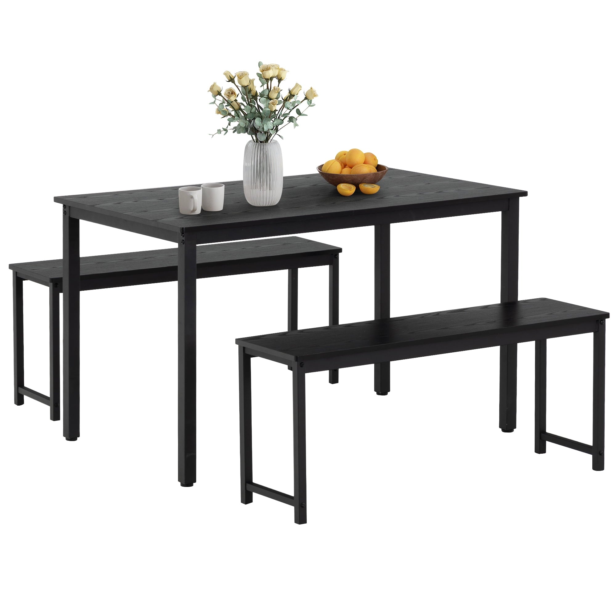 BTMWAY Dining Room Table Set for 4, 3 Piece Wooden Dining Table Set with Metal Frame, Industrial Style Dinette Set with 2 Benches, Dinner Table Set for Kitchen Breakfast Nook, Black