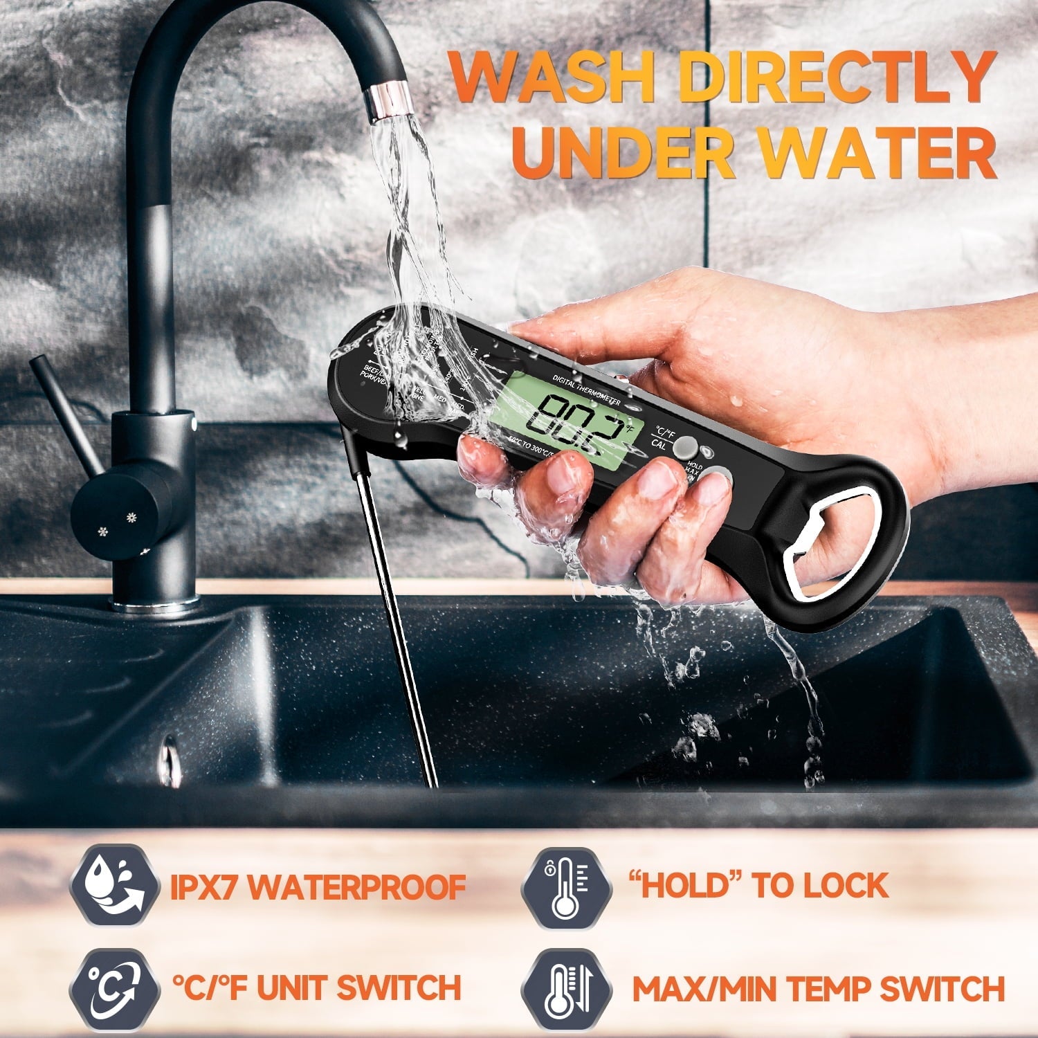 Digital Meat Thermometer with Folding Probe, IPX7 Waterproof Food Thermometer for Cooking, Instant Read Thermometer with LED Backlit Display, Bottle Cap Opener for Kitchen, BBQ, Grill