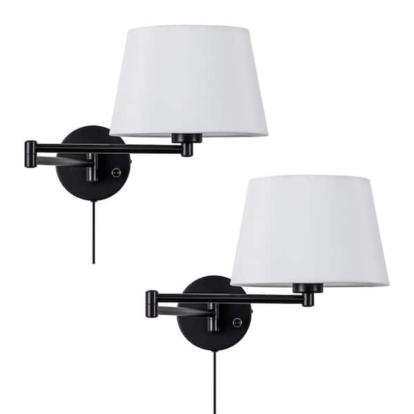 1-Light Black Plug-In Swing Arm Wall Lamp with Linen Shade Set of 2
