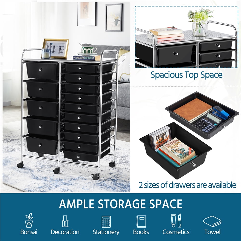 SmileMart 15 Drawers Metal Frame Storage Cart, with Lockable Wheels, Black