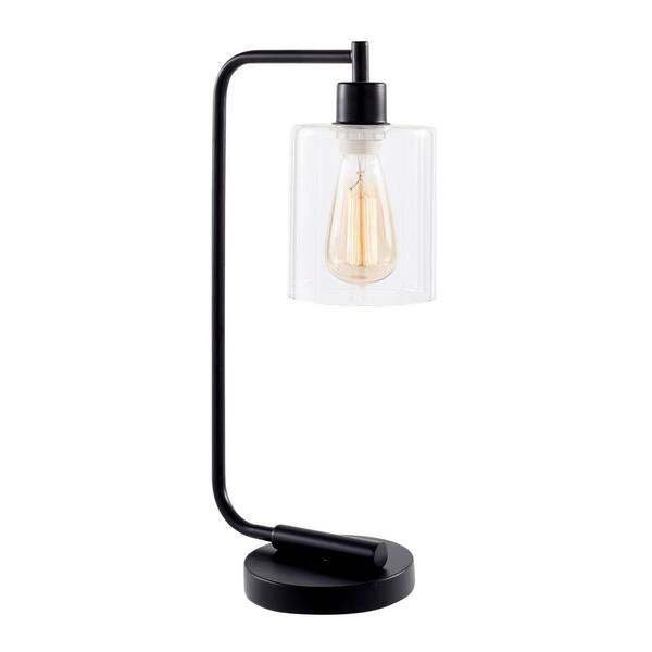 19 in. Bronson Antique Style Black Industrial Iron Lantern Desk Lamp with Glass Shade