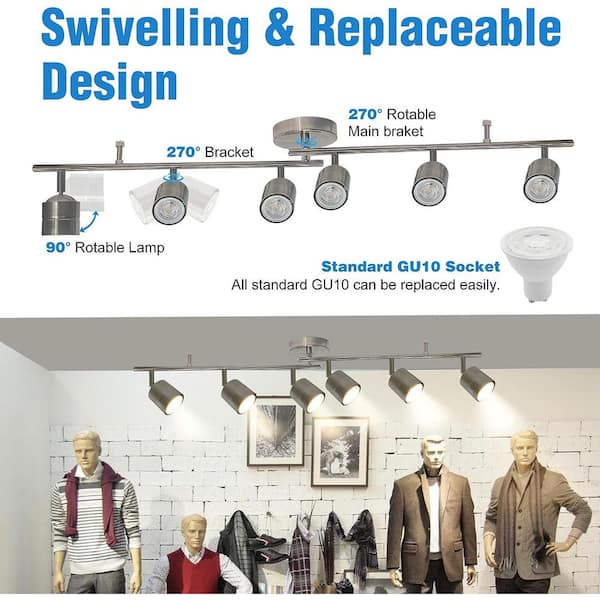 3.7 ft. 6-Light Brushed Nickle Hardwired Swivel Track Lighting Kit with Cylinder Head