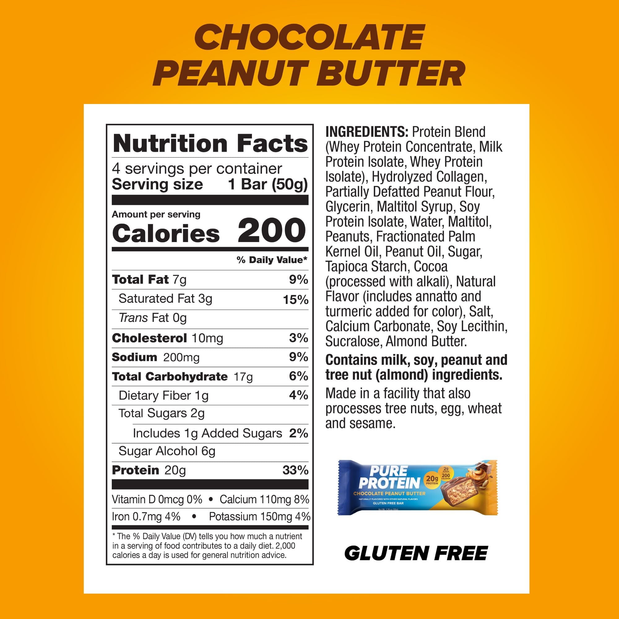 Pure Protein Bars, Chocolate Peanut Butter, 20g Protein, 1.76 oz, 4 Ct