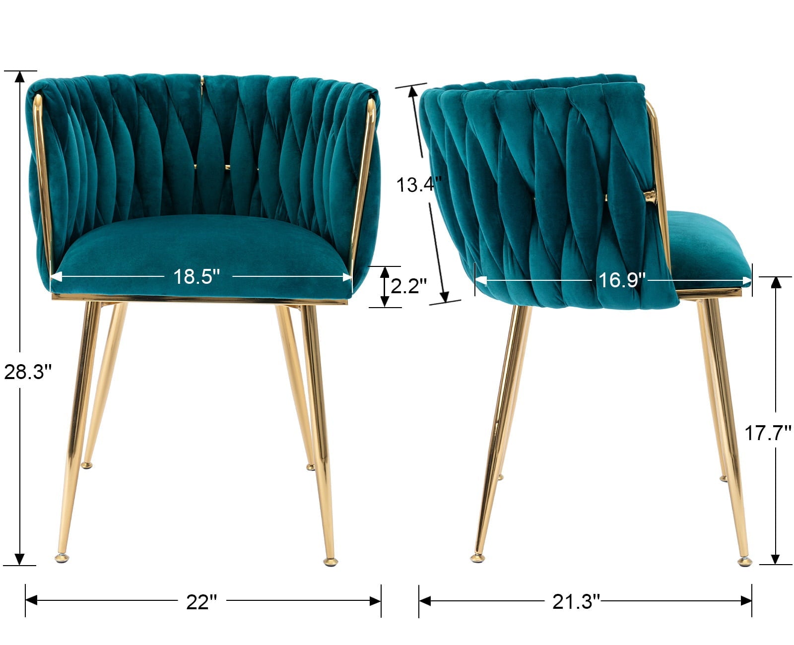 Guyou Velvet Dining Chair Set of 2, Modern Upholstered Accent Side Chair with Woven Back and Metal Legs, Vanity Chair Kitchen Chair for Living Room Dining Room Bedroom, Teal Green