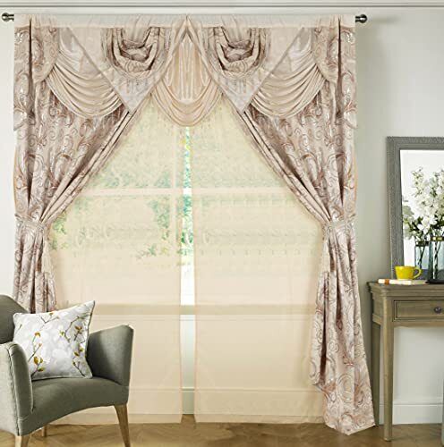 Luxury Window Panel Set Beige Curtain with Attached Valance and Backing Bedroom