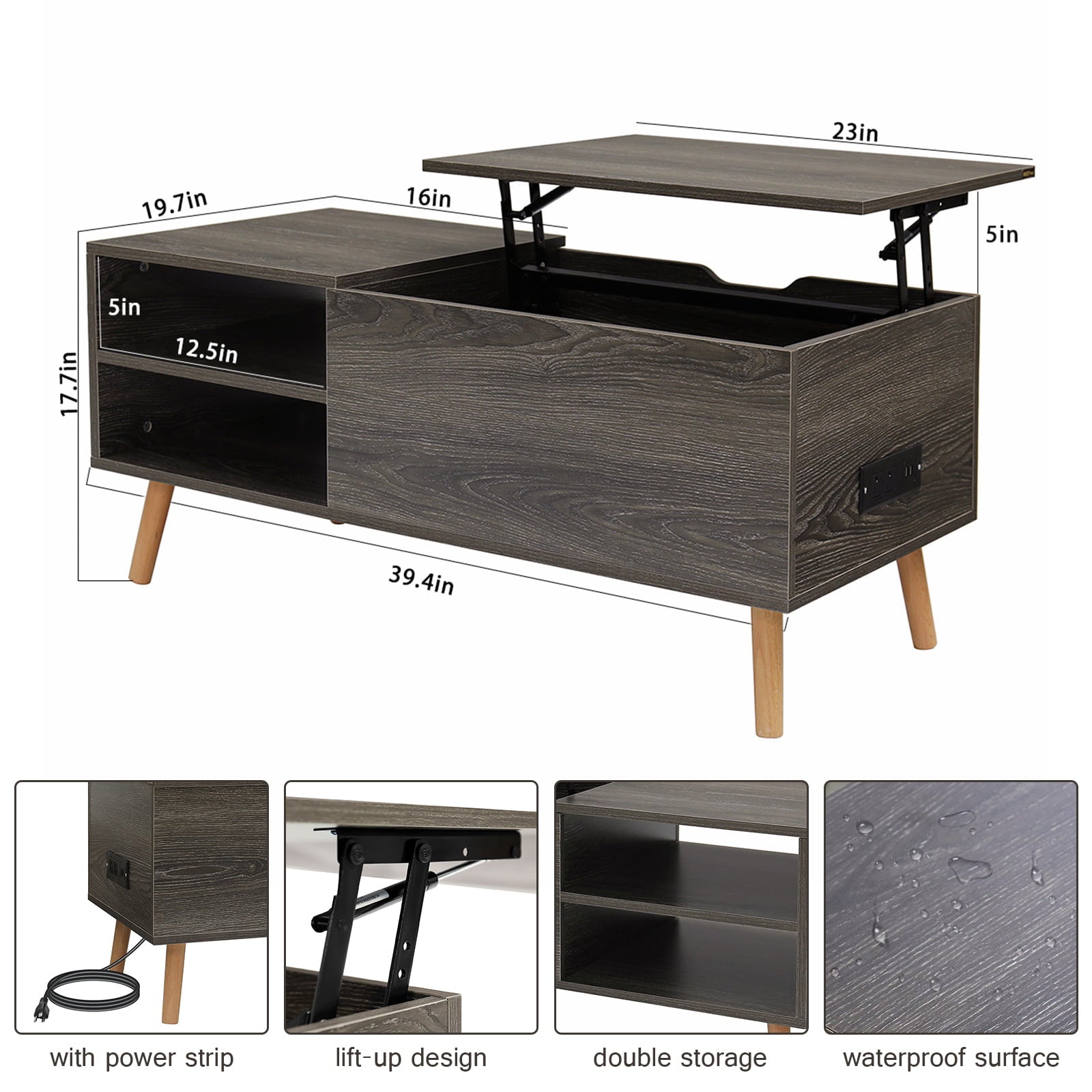 Lift Top Coffee Table with Side Charging Station 39.4