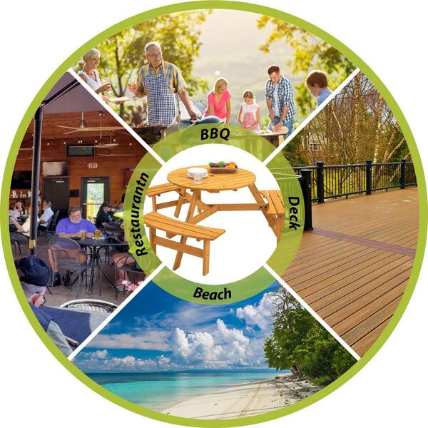 Light Brown Circular Outdoor Wooden Picnic Table with 3 Built-In Benches for Patio, Backyard, Garden 1720 lbs. Capacity