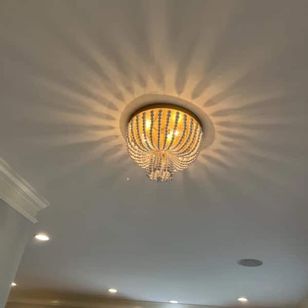 13.75 in. 3-Light Gold Flush Mount with White Wood Beads