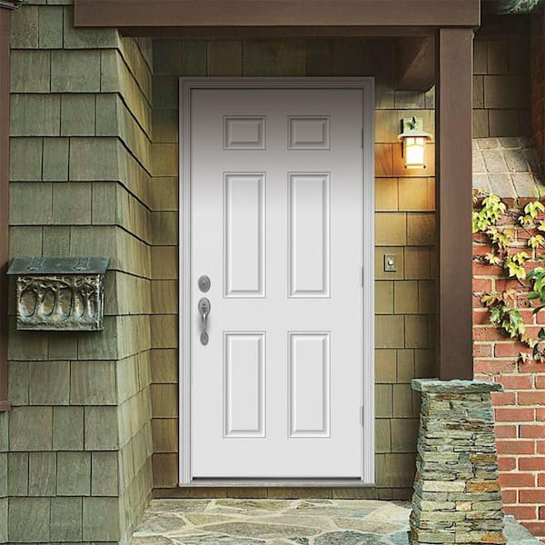 32 in. x 80 in. 6-Panel White Painted Steel Prehung Left-Hand Outswing Front Door w/Brickmould