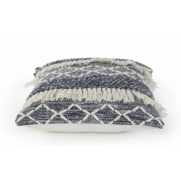 Fuzz Textured Navy / Ivory 20 in. x 20 in. Fringe Wool Standard Throw Pillow