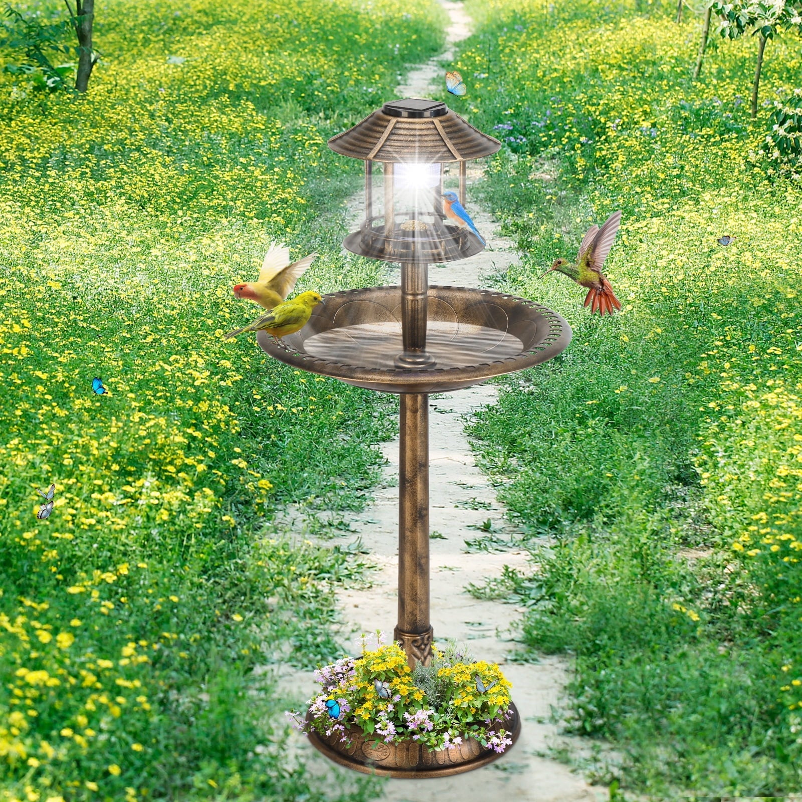 Winado 42 Inch Bird Bath with Solar Light Antique Copper Weather Resistant Birdbaths