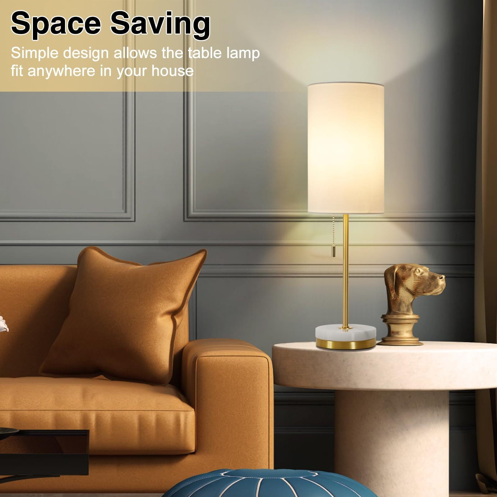 NATYSWAN Minimalist Table Lamp Set of 2, Nightstand Lamp for Bedroom Living Room, Modern Pull Chain Bedside Lamp with Marble Base, Fabric Shade, Small Desk Lamp for Home, Office, Reading