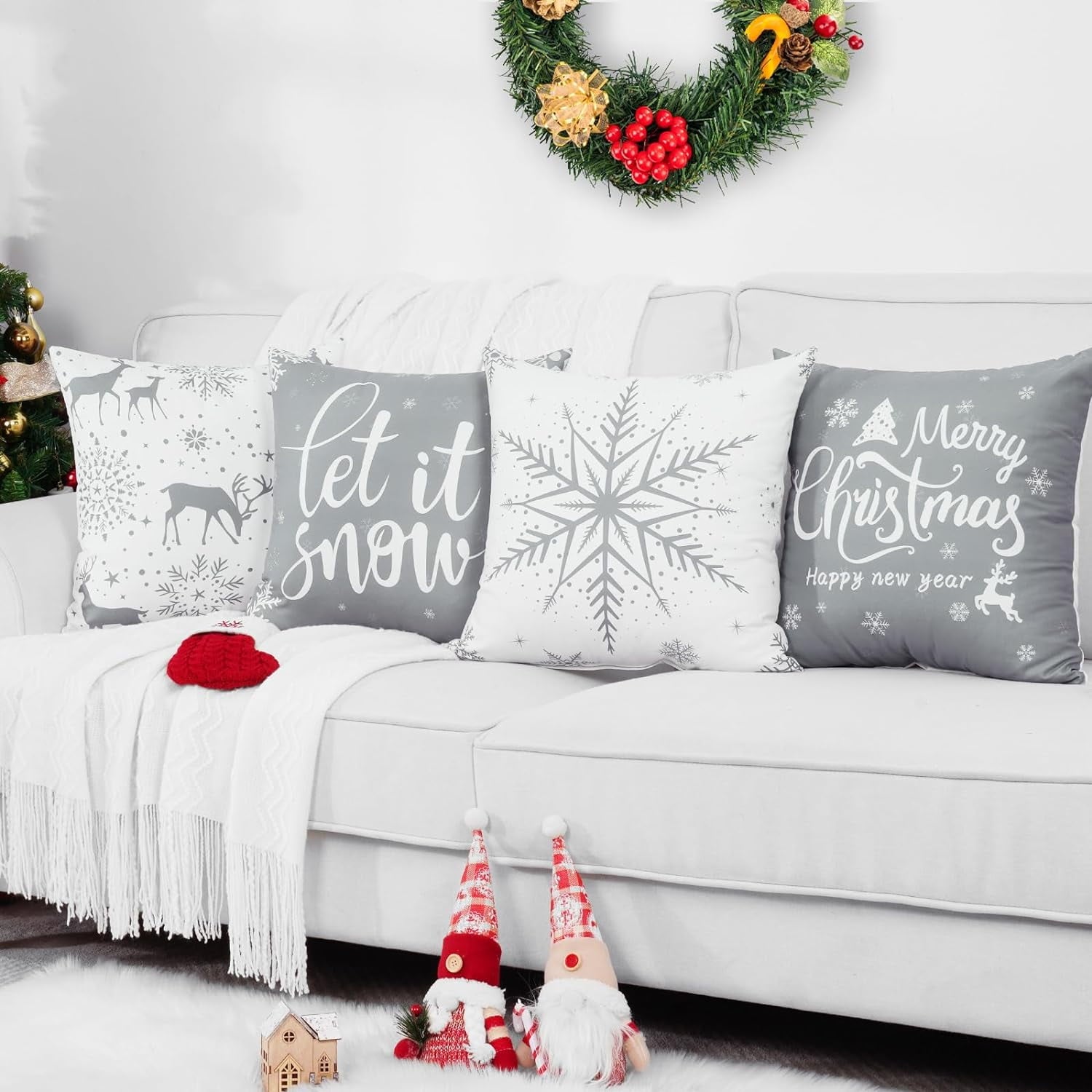 BLEUM CADE Christmas Pillow Covers 18 x 18 Inch,White and Grey Snowflake Throw Pillow Covers Set of 4 Xmas Elk Snowflake Cushion Covers for Winter Holiday