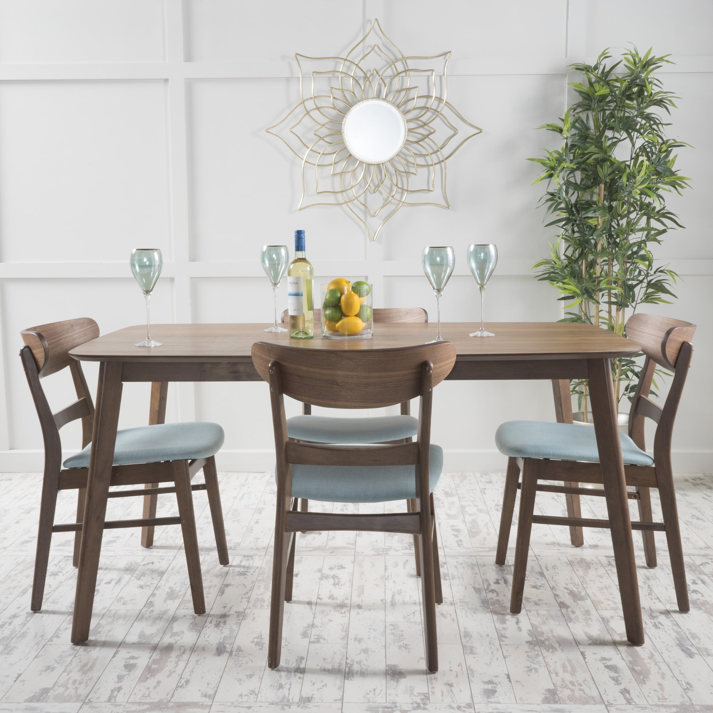 Noble House Lydia Mid-Century Modern 5 Piece Dining Set, Mint and Natural Walnut