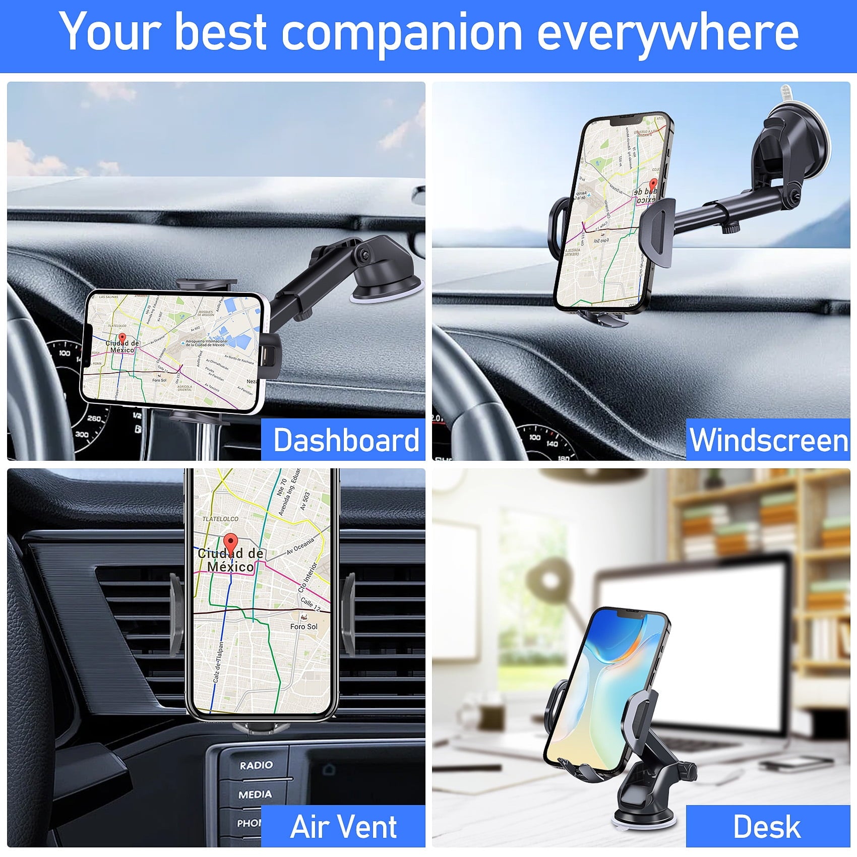 Huryfox Car Phone Holder Universal Mobile Mount for Vehicle, Smartphone Stand on Dashboard, Windshield, Vent, Automobile Cradle Compatible with iPhone, Android Phone