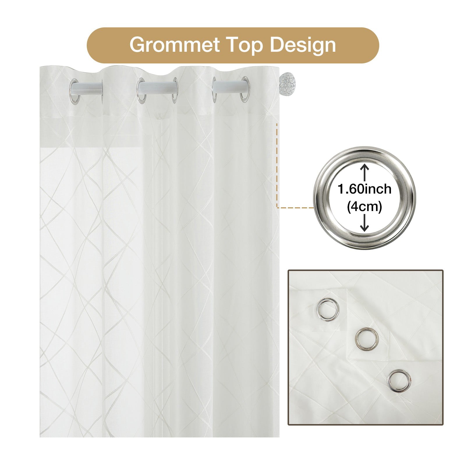 Topfinel White Sheer Curtains 63 Inch Long White Embroidered Grommet Window Curtains for Living Room Bedroom, Tulle Window Drapes, Semi Transparent Voile Boho Curtains,52 x 63 Inch,2 Panels