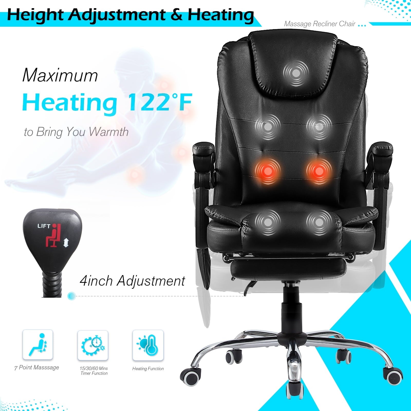 YODOLLA Ergonomic Office Chair with Heated 7 Points Massage Retractable Footrest, High Back Swivel Leather Chair Big and Tall Heated Reclining Office Chair, Black
