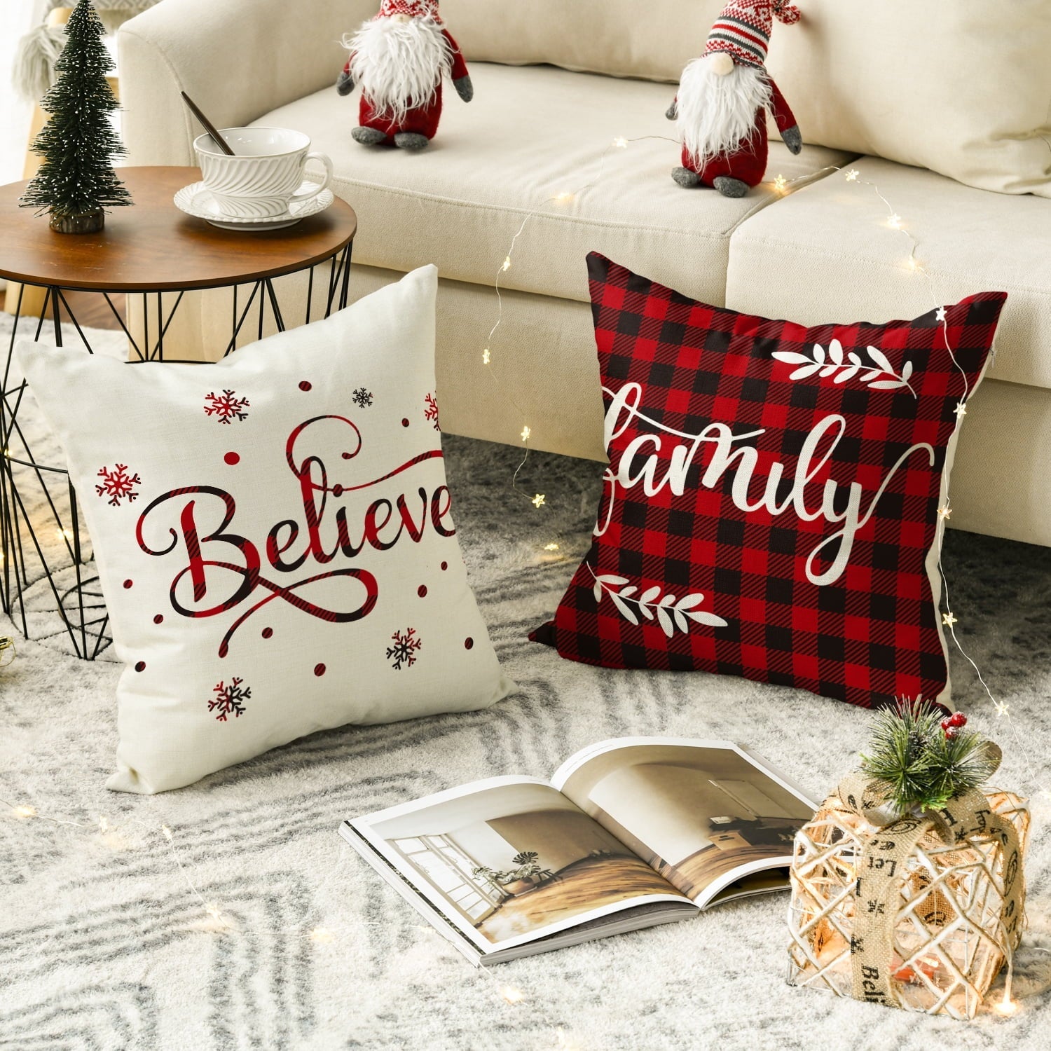 Artoid Mode Let It Snow Family Home Together Christmas Pillow Covers Buffalo Plaid 18 x 18 Inch, Set of 4 Square Winter Xmas Decorative Farmhouse Outdoor Throw Pillow Case