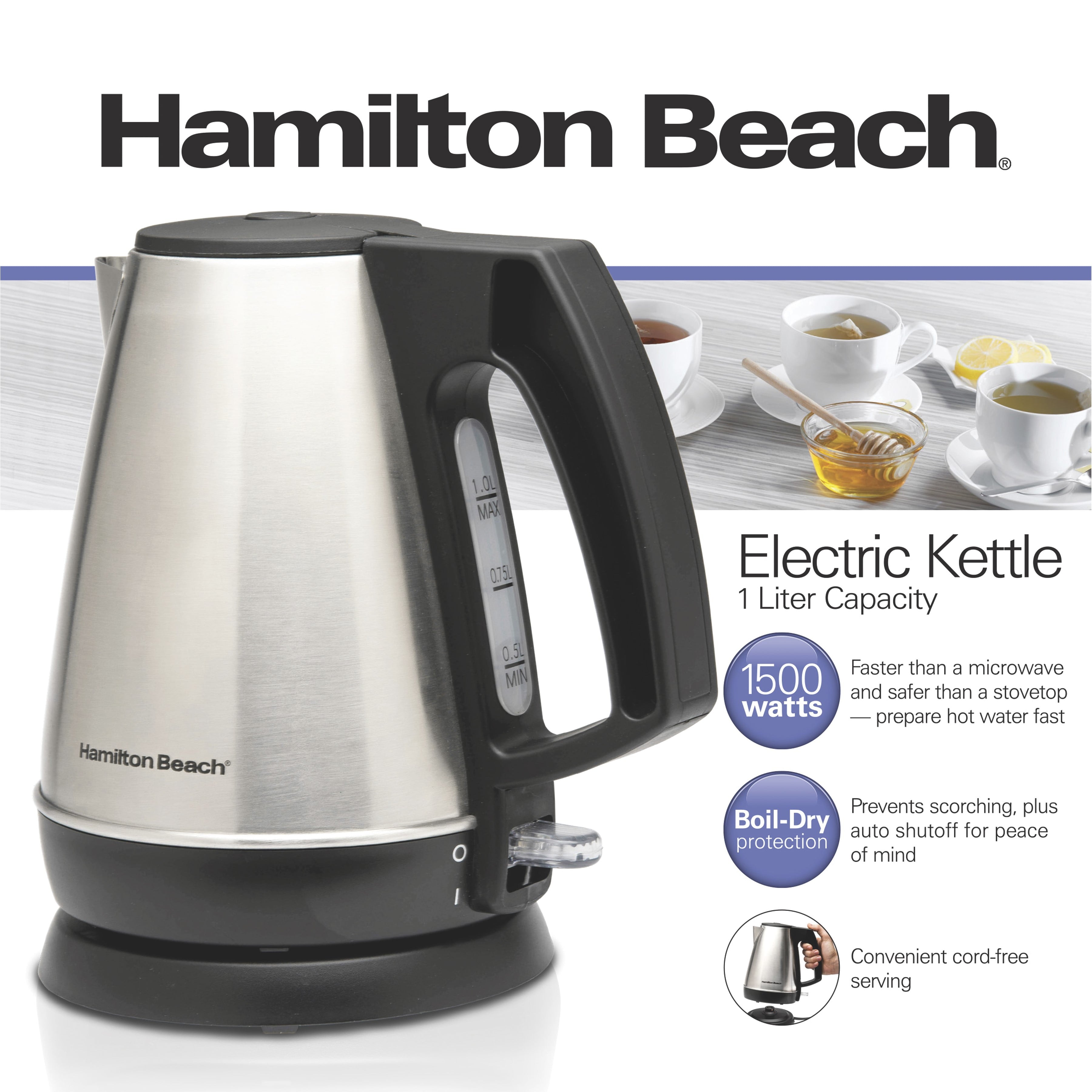 Hamilton Beach 1 Liter Electric Kettle, Stainless Steel and Black, New, 40901F