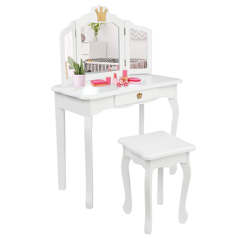 BaytoCare Kids Vanity Table Wooden Dressing Table with Stool and Drawer