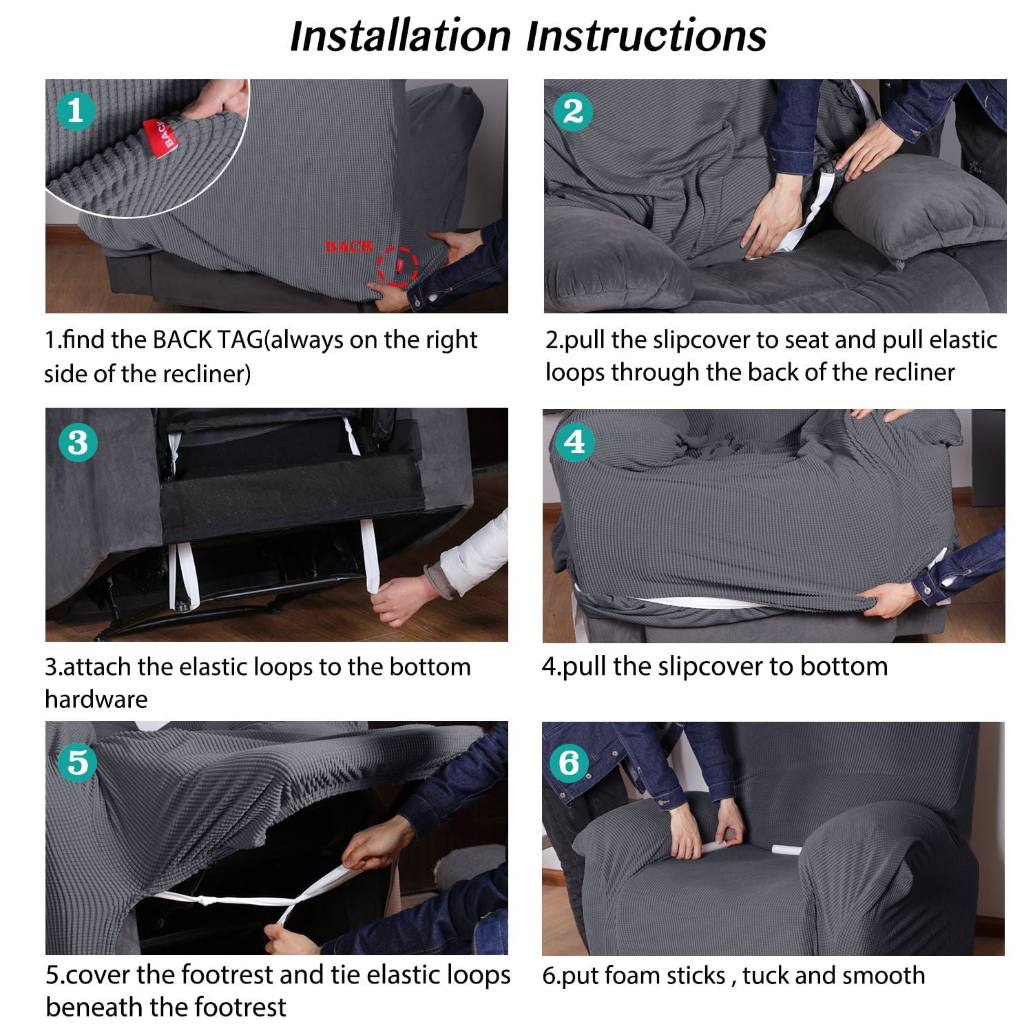 Turquoize Stretch Recliner Cover Jacquard Sofa Slipcover with Side Pockets, Gray