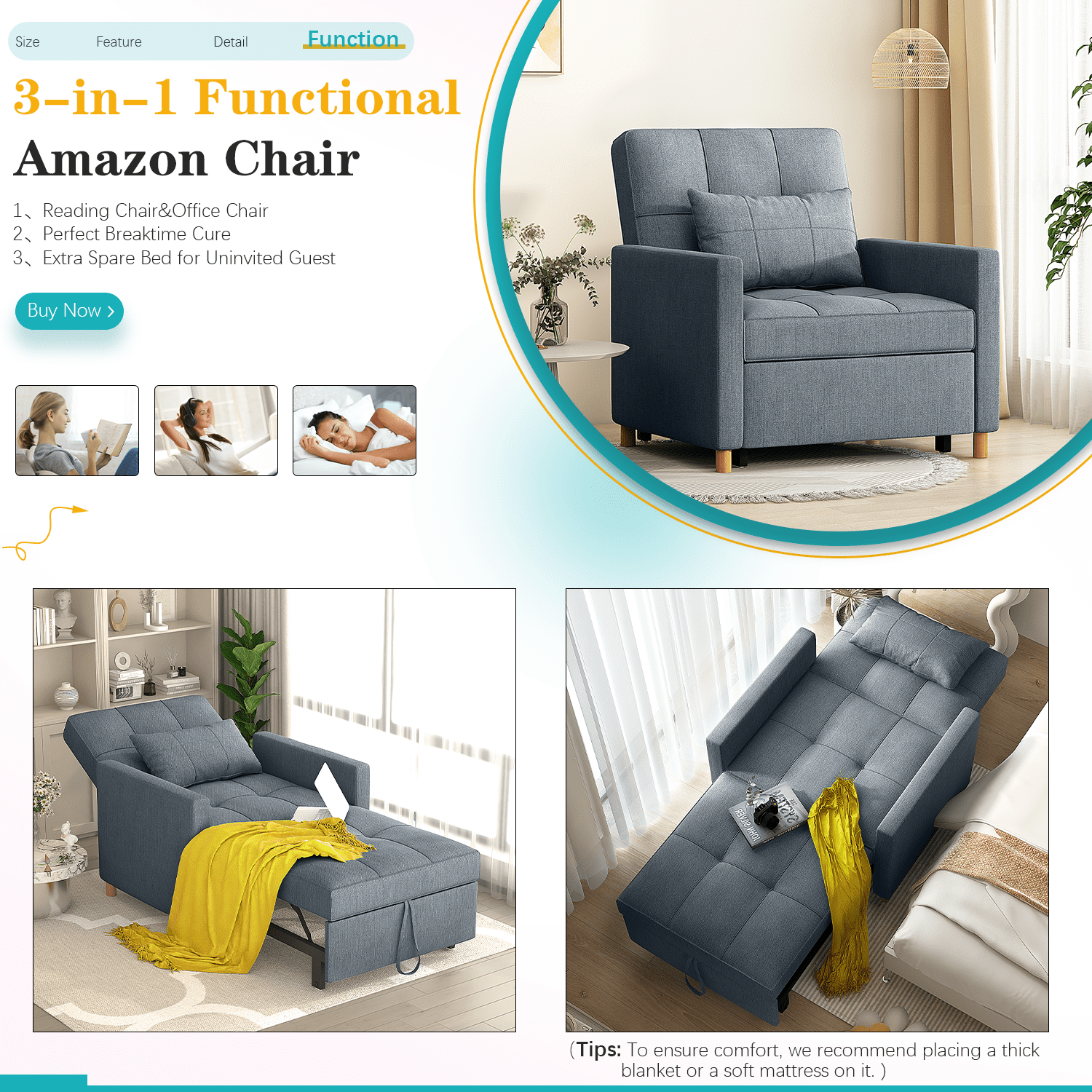 YODOLLA Sleeper Sofa Chair 3 in 1 Sleeper Chairs for Adults Pull Out Chair Bed Sleeper with Extra Pillow and Convertible Backrest Multi-Functional Fold Out Chair Bed for Small Space (Dark Grey)