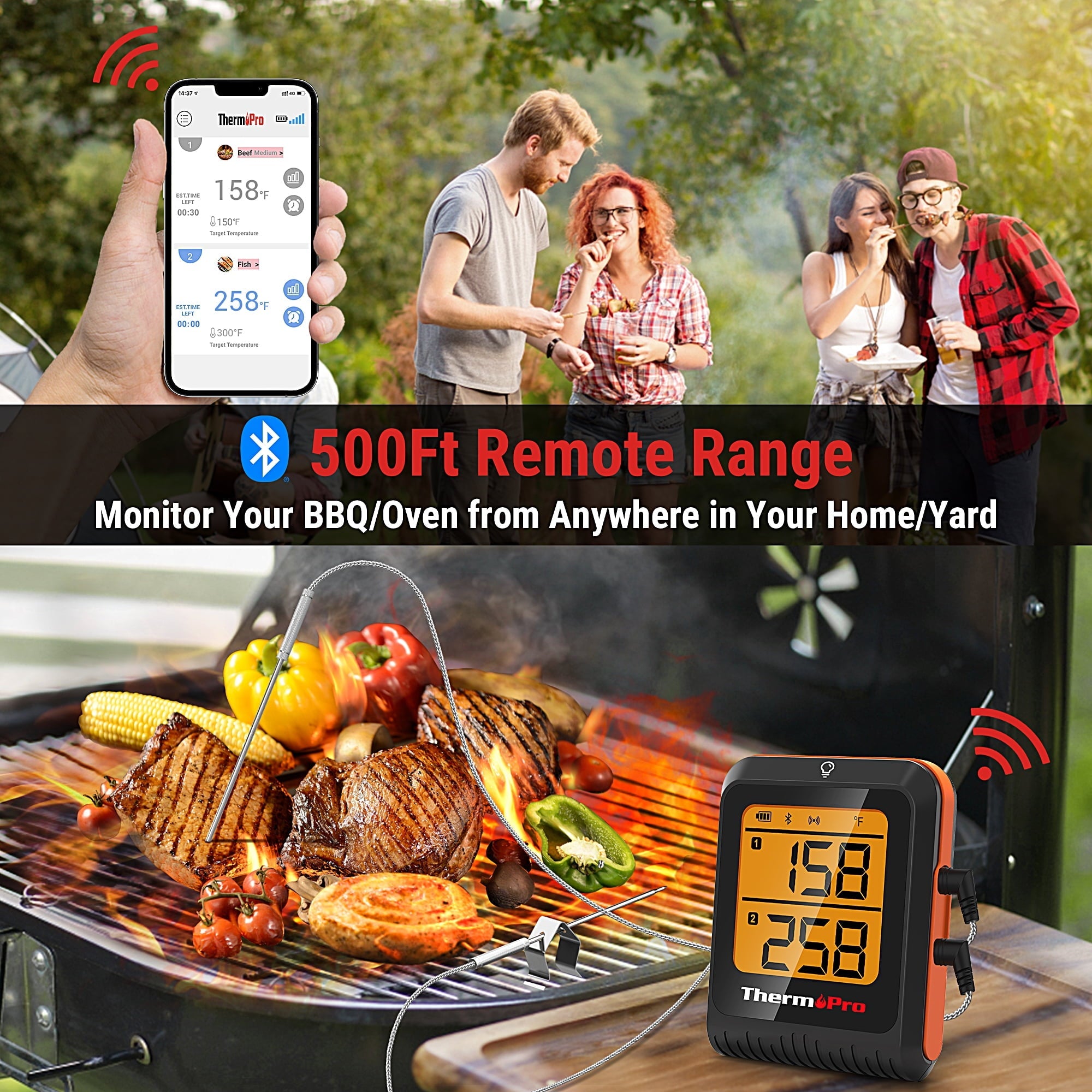 TThermoPro TP920w 500FT Wireless Bluetooth Meat Thermometer with Dual Temperature Probe Smart Digital Cooking BBQ Thermometer for Grilling Oven Food Smoker Thermometer, Rechargeable