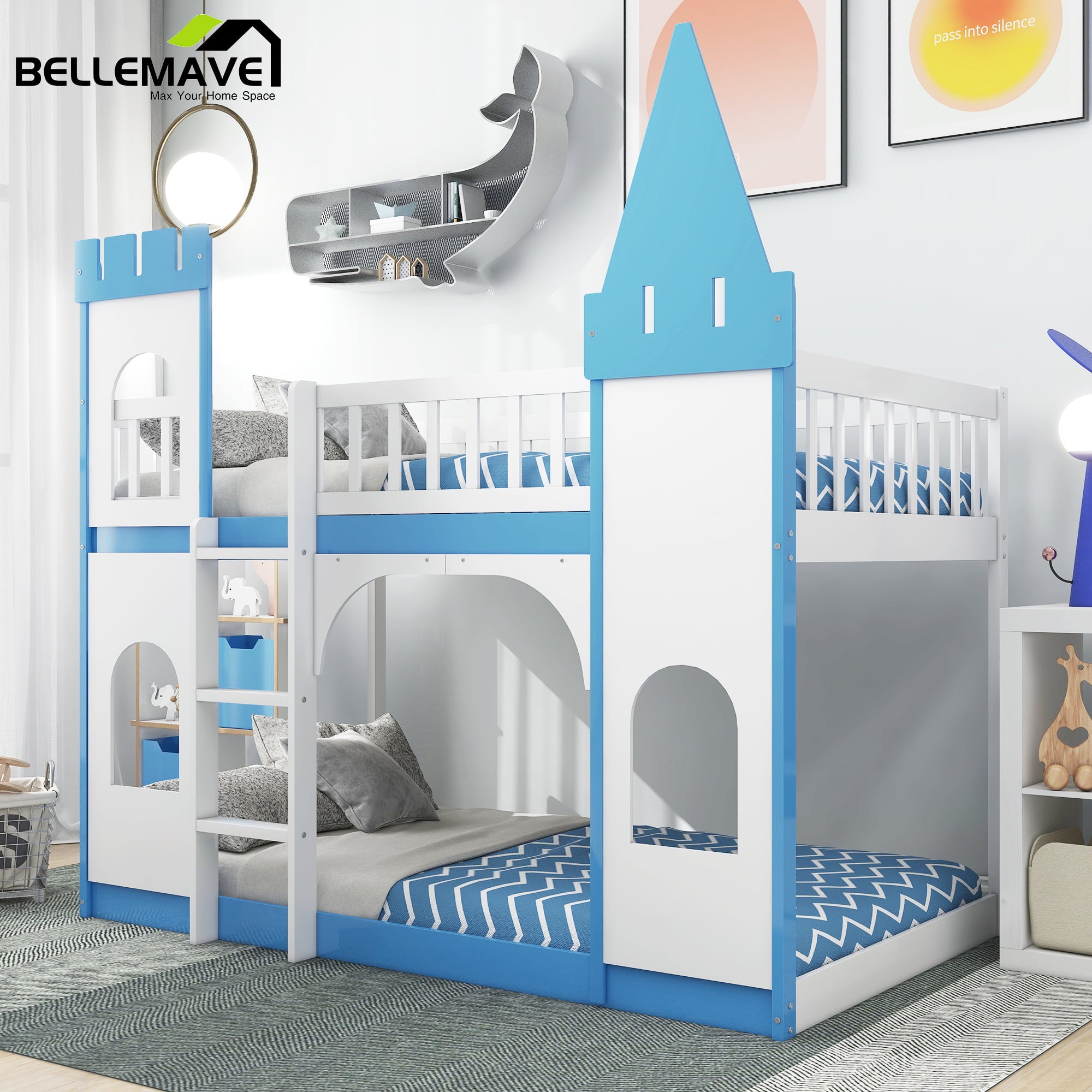 Bellemave Blue Twin over Twin Kids Castle-shaped Bunk Bed with Ladder for Girls Boys, Twin Size Wood Kids Bunk Bed Frame with Castle Appearance for Kids Child