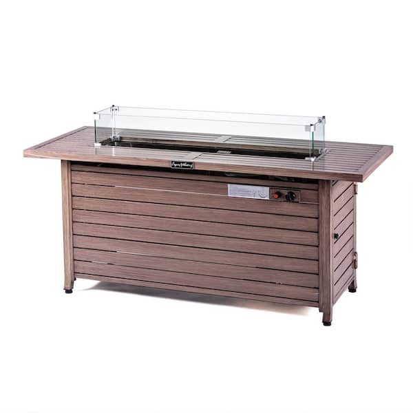 57 in. Aluminum Rectangular Fire Table with Glass Wind Guard, Nature Wood Coating