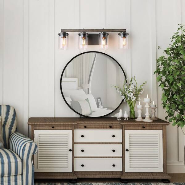 28 in. 4-Light Rust Black Farmhouse Bathroom Vanity Light with Brushed Faux Wood/Gray Accents and Clear Glass Shades